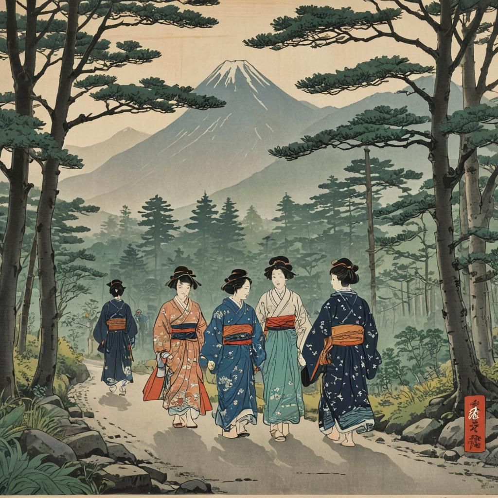 Traditional Japanese Travelers Along the Tokaido Road