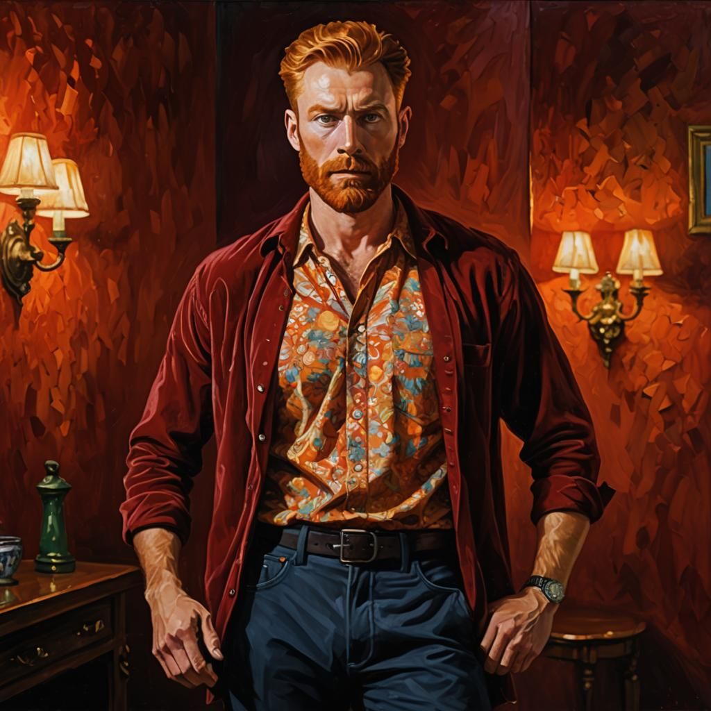 Ginger Bearded Man in Red Velvet Shirt as Impasto Painting