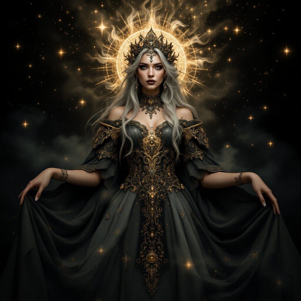 Regal Woman in Mystical Gown against Starry Night Sky