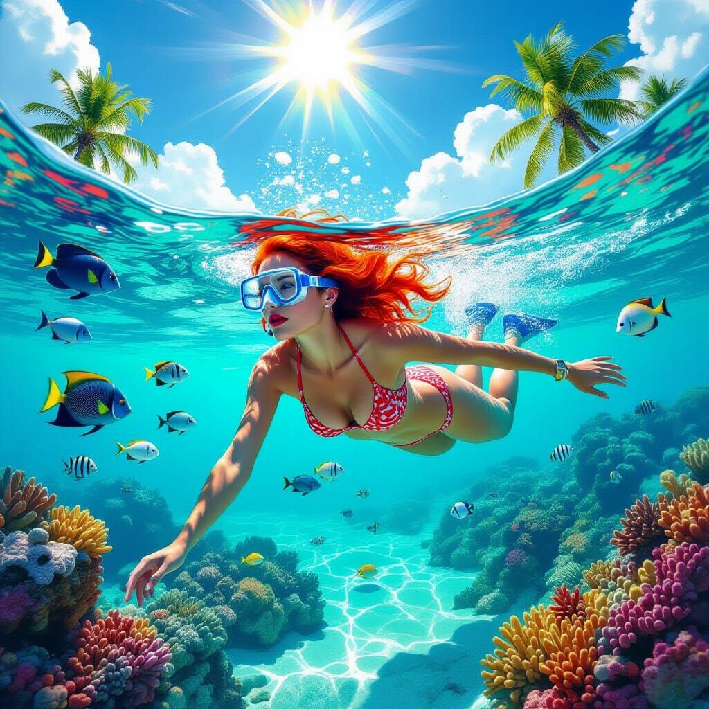 Crimson-Haired Woman Snorkels in Maldives, Graffiti Art