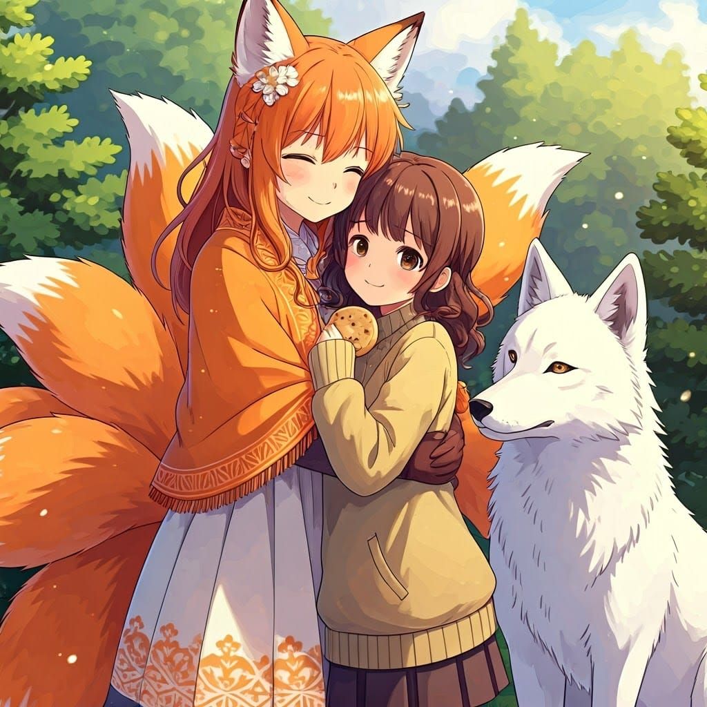 Anime Fox Girl Hugs Friends in Vibrant Studio Ghibli-Inspire...