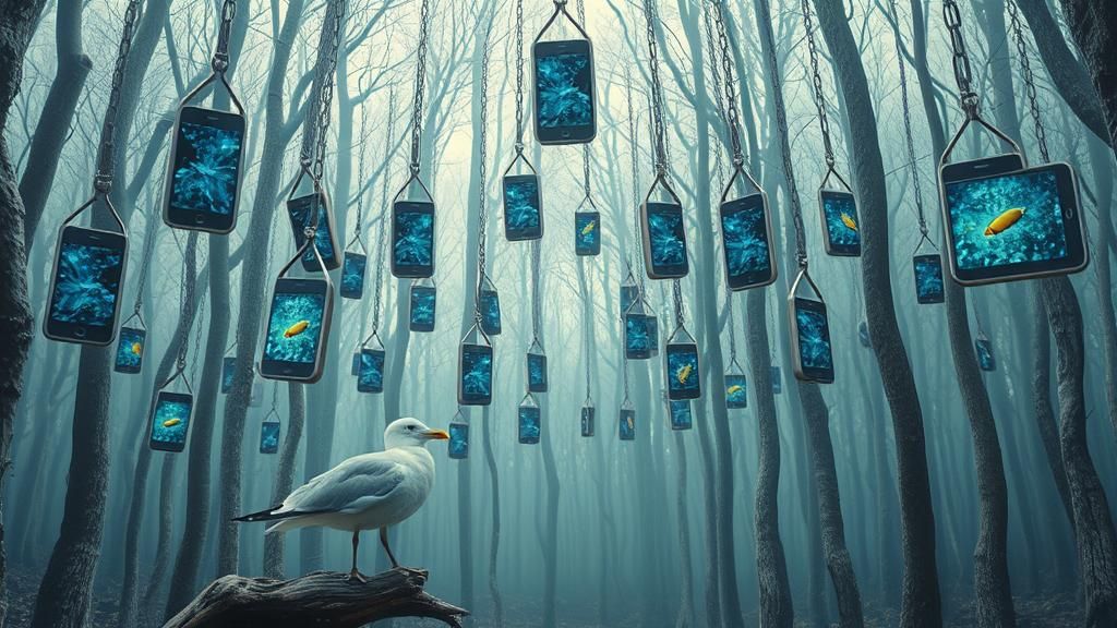 Surreal Seagull in Metallic Fishhook Forest