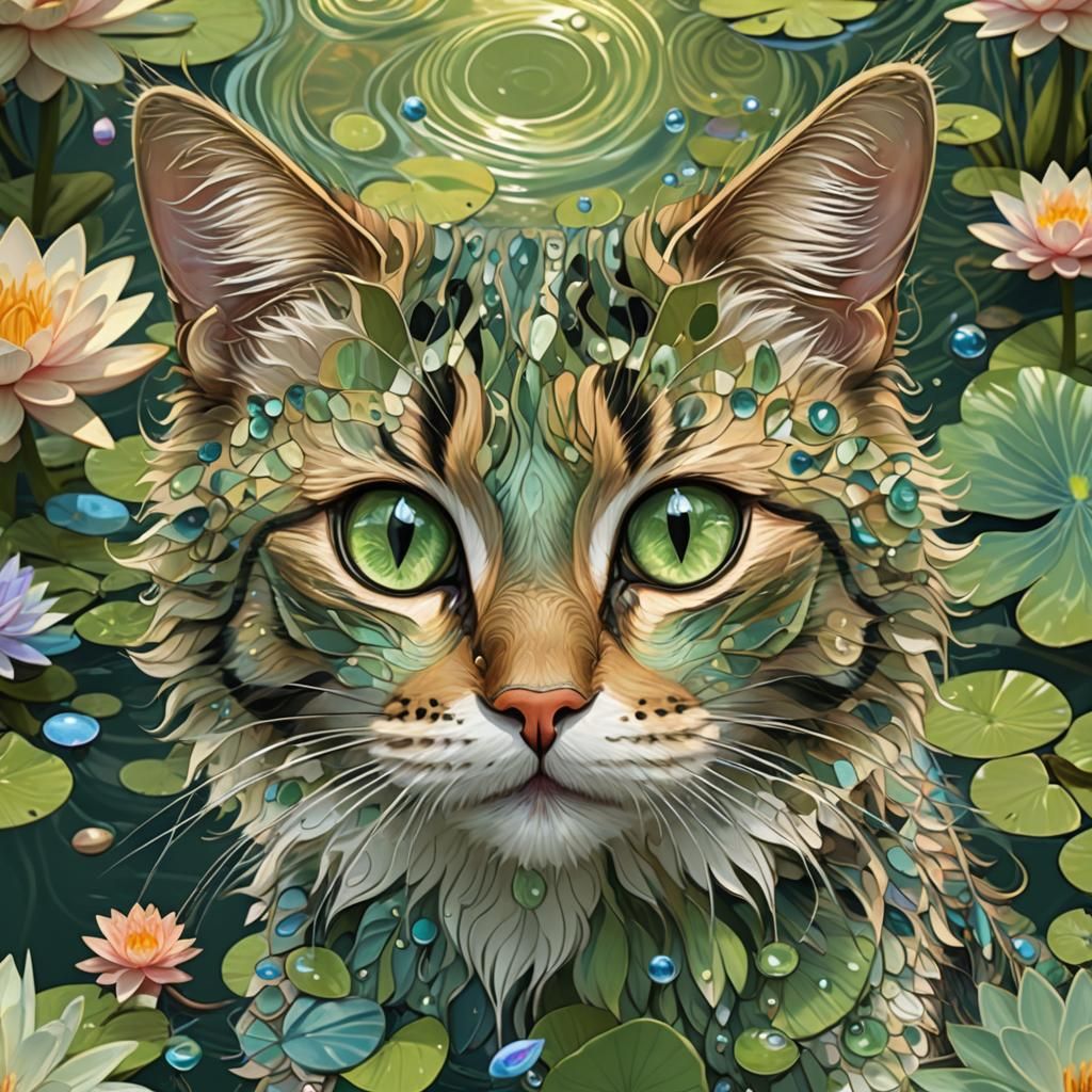 Thrilled Cat-Girls Gaze at Reflections in Pond