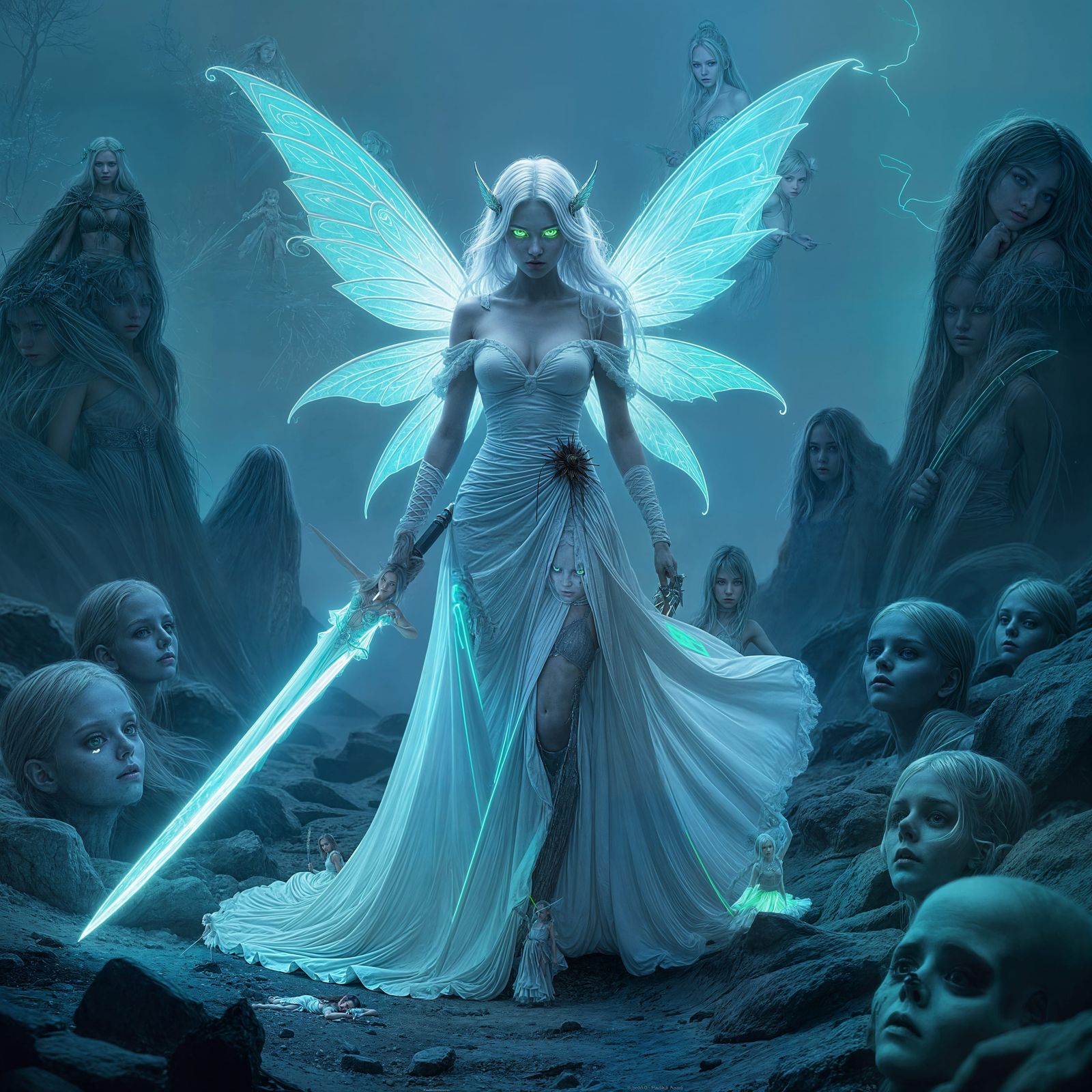 Fairy with Neon Sword and Haunting Backdrop