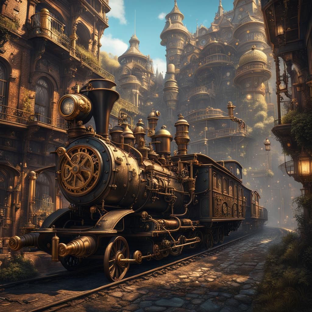 Detailed Steampunk Train in Fantasy Concept Art
