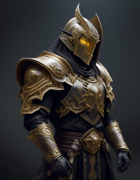 Mystical Knight in Hyper-Realistic Black and Gold Armor