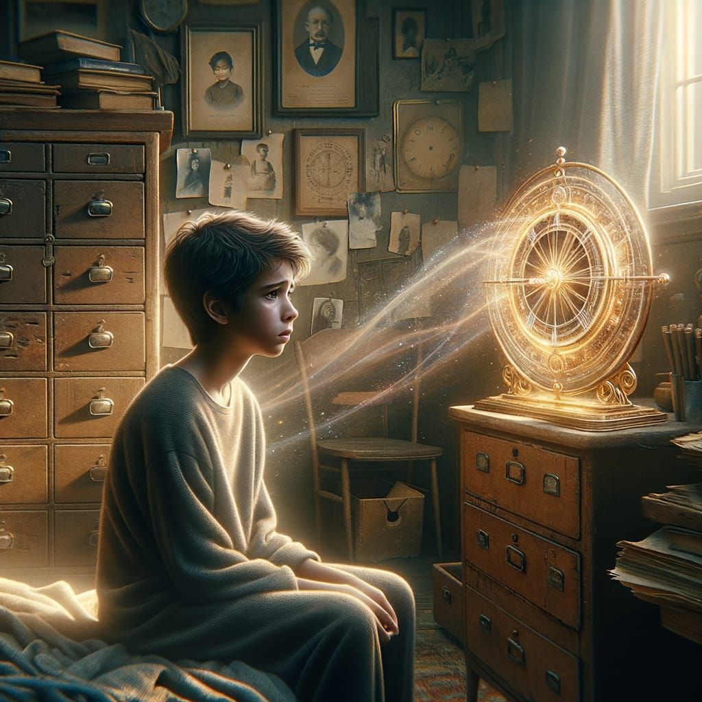 Teenager in Nostalgic Room with Magical Device