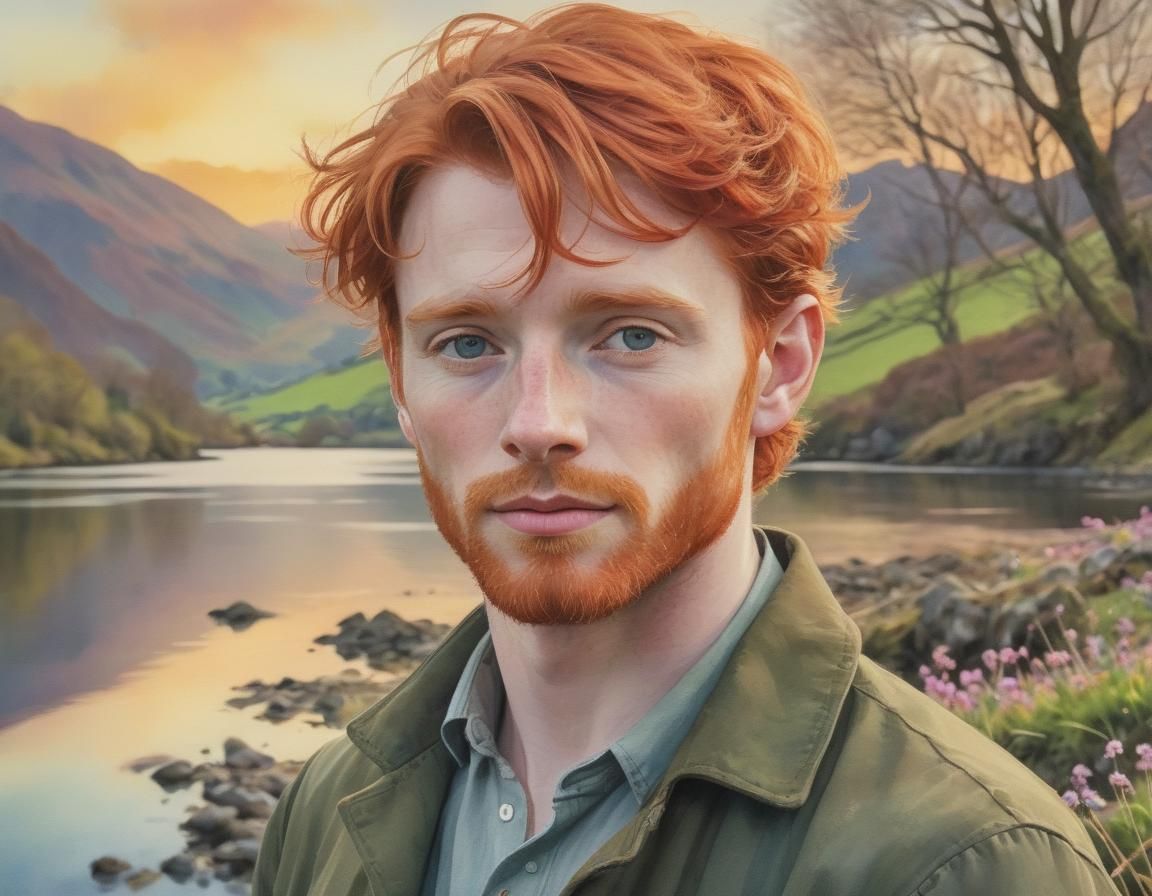 Irish Man in Lake District Sunset Watercolor