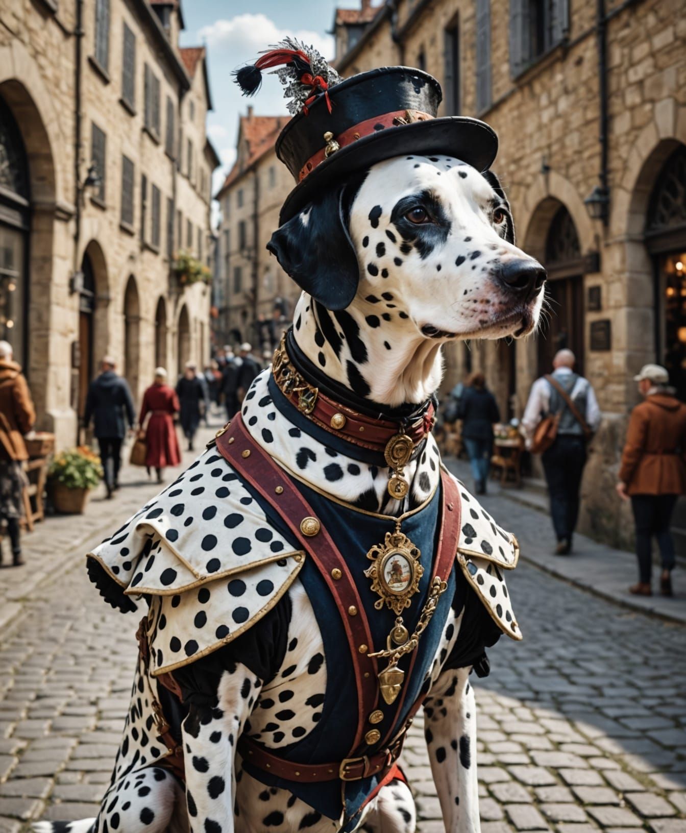 Surreal Dalmatian in 15th Century Attire Roams a Bustling Ci...