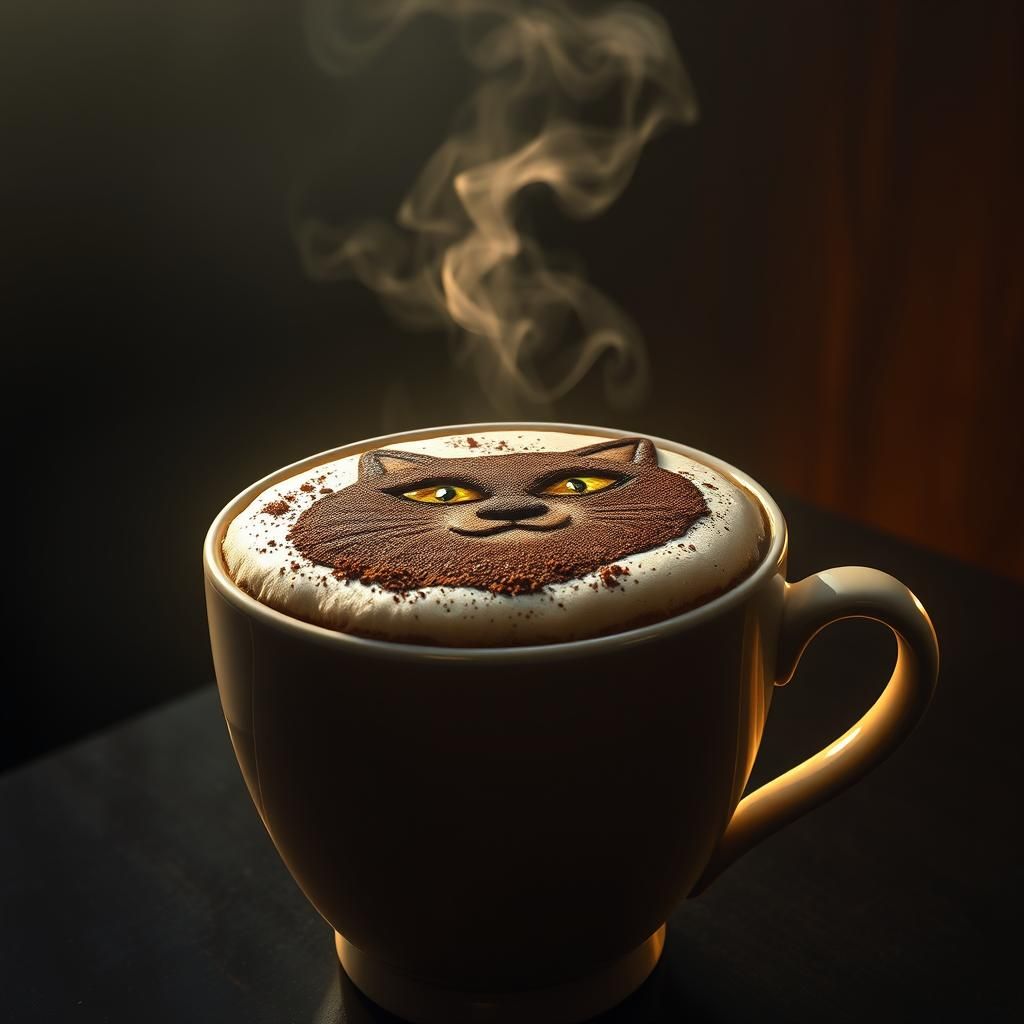 Hyperrealistic Cappuccino with Cat Art in Mystical Light