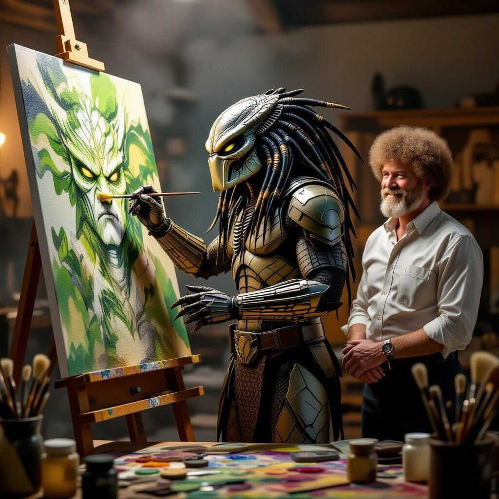 Predator Alien Paints with Bob Ross in Surreal Studio