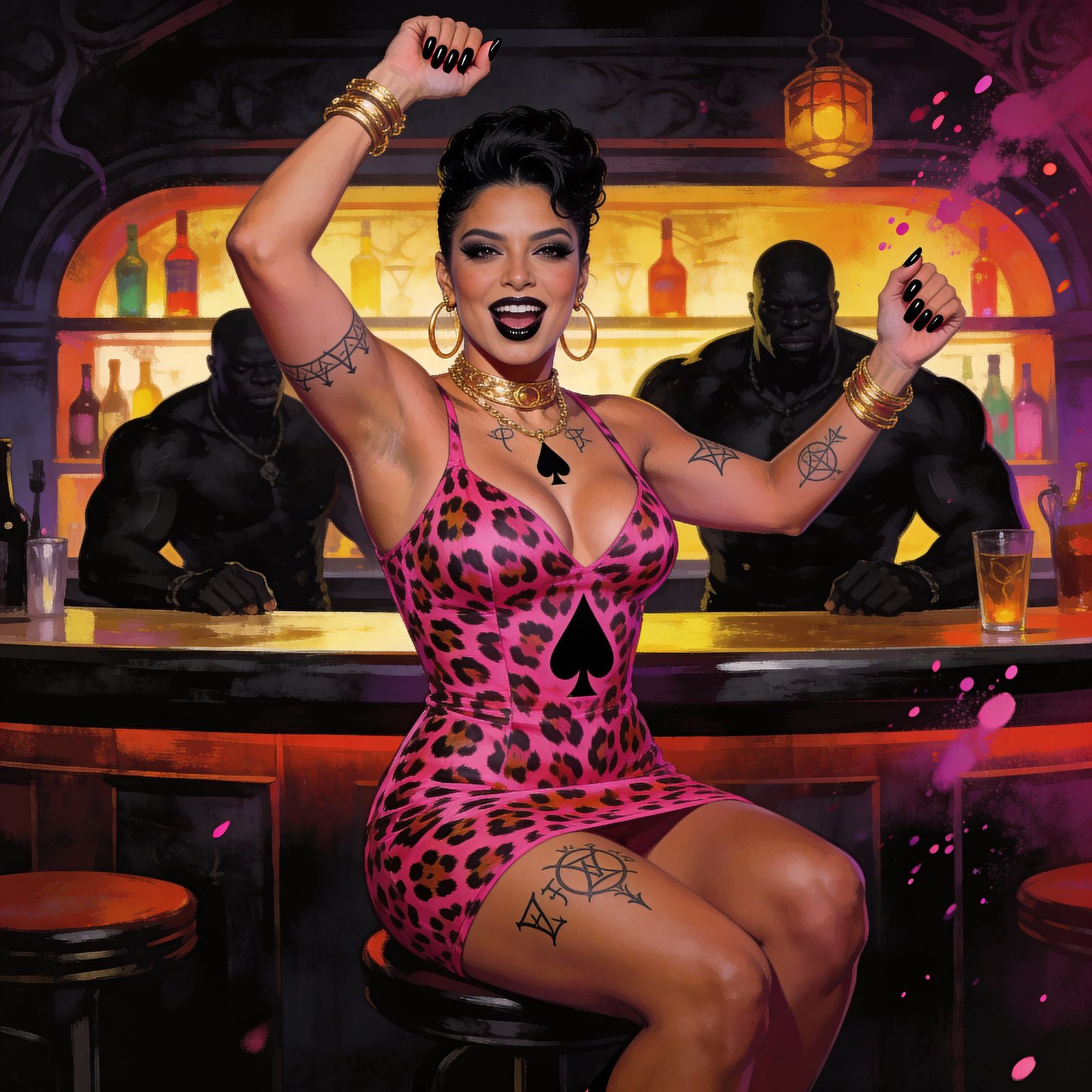 Curvy Latina Woman Dancing in Shocking Pink Leopard Print Dr...