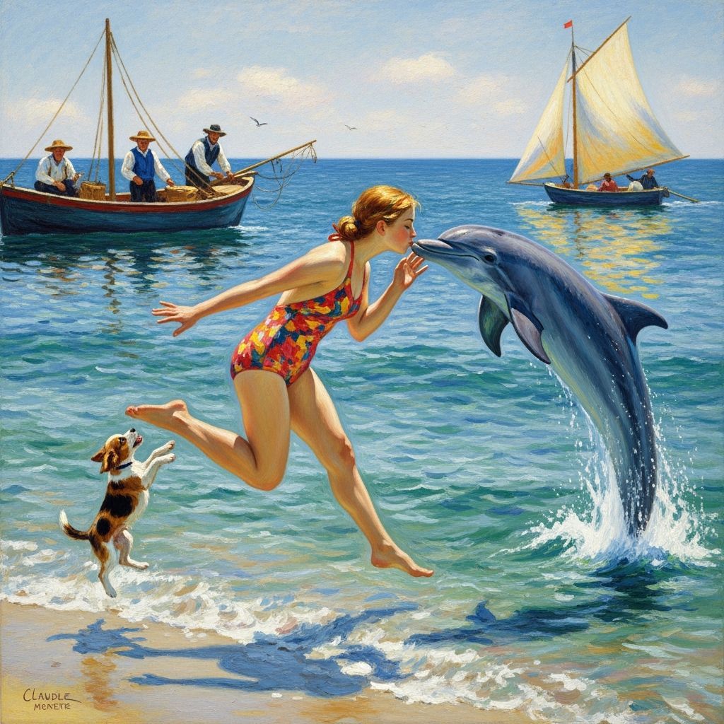 Woman, Puppy, and Dolphin in Impressionist Seascape