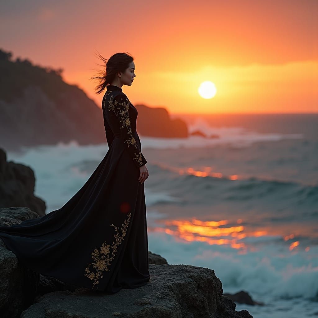 Contemplative Woman at Sunset in Cinematic Style