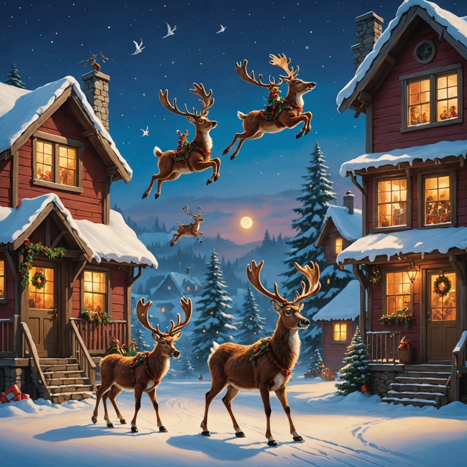 Santa's Reindeer Flying Between Houses