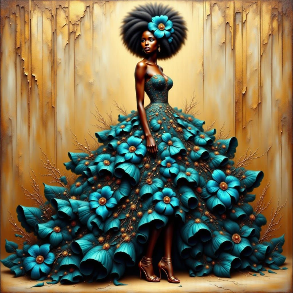 Elegant Woman in Teal Floral Gown: Hyperrealistic Painting
