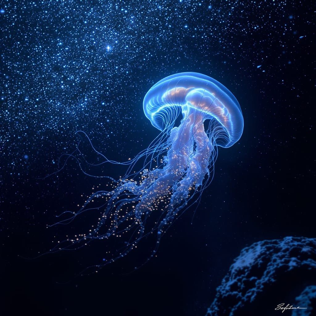 Bioluminescent Jellyfish in Starry Ocean, Cosmic Surrealism