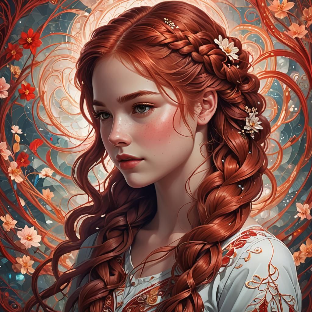 Girl with Red Hair in Fractal Dreamscape