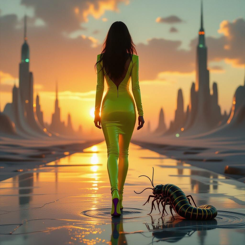 Futuristic Woman in Acid Latex Walks Surreal Cityscape