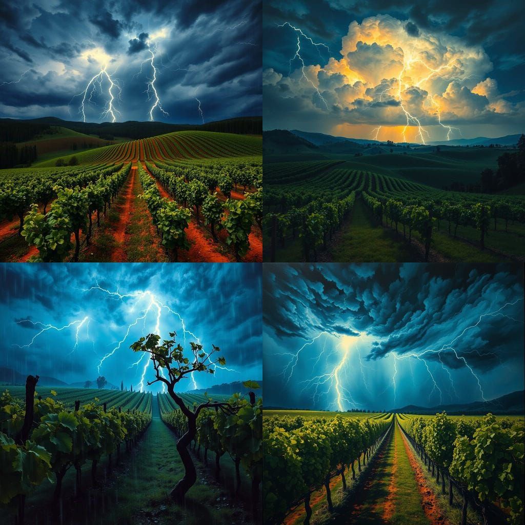 Ethereal Nighttime Vineyard Illuminated by Brilliant Lightni...