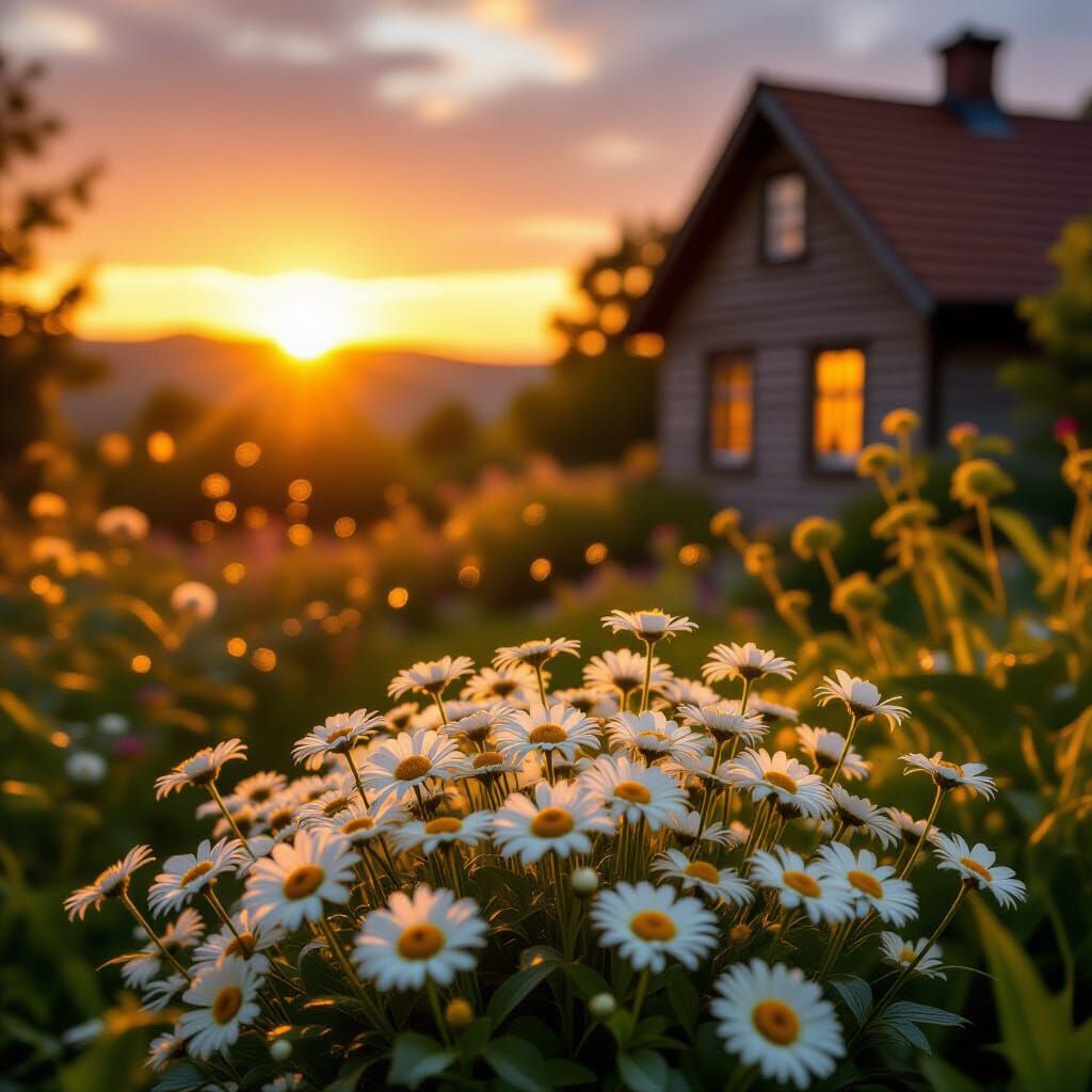 Golden Hour Garden Sunset with Cozy House