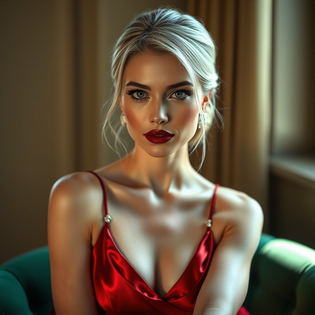 Elegant Woman in Crimson Gown with Silver Hair