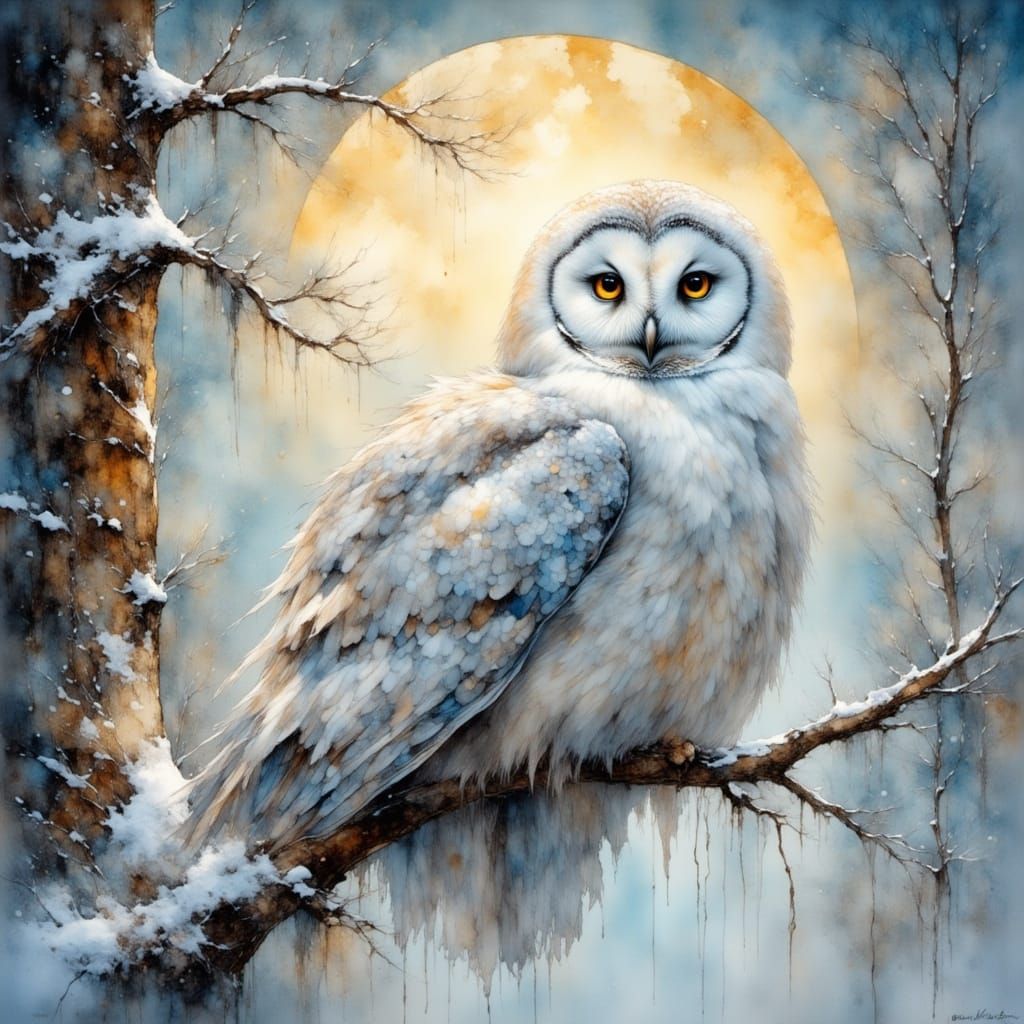 Snowy Owl Under Moonlight in Watercolor Style