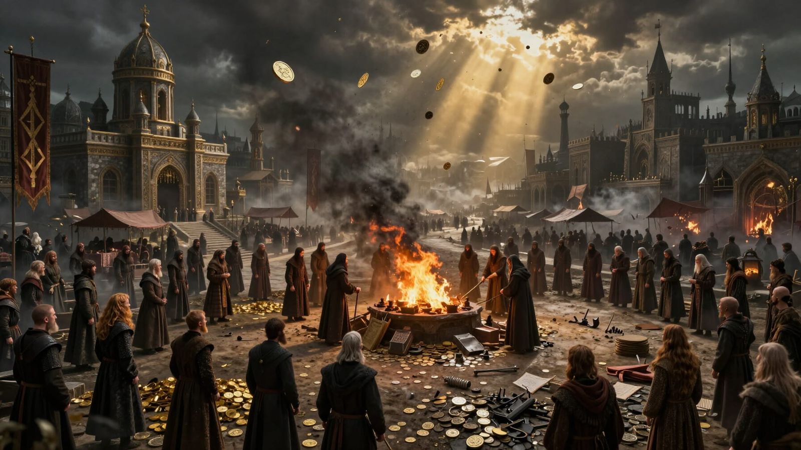Medieval Dystopian Scene: Burning Ritual Under Clergy-Banker...