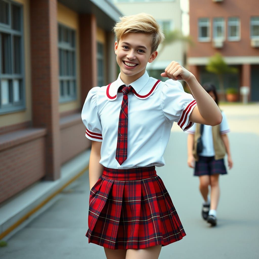 Confident Crossdresser in Schoolgirl Uniform with Cheeky Smi...
