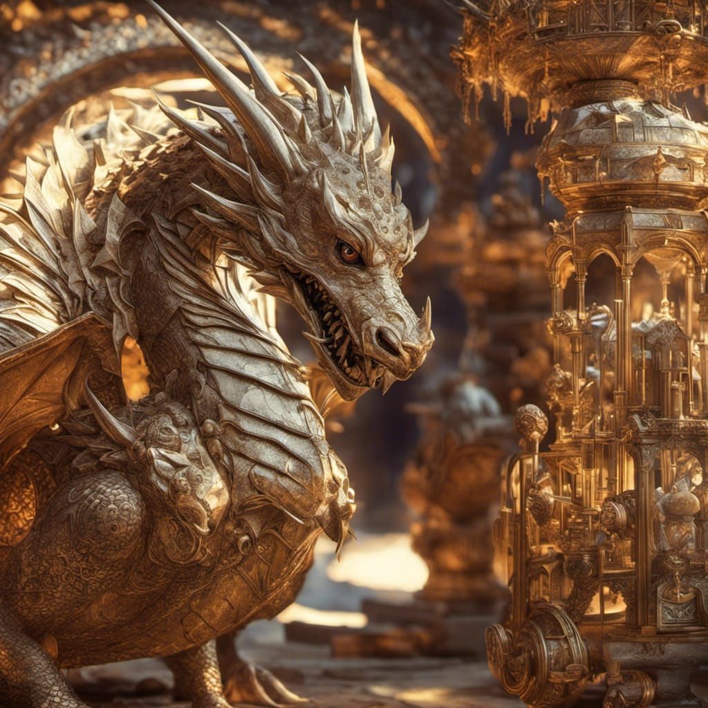 Surreal Golden Dragon in Cartoon Style