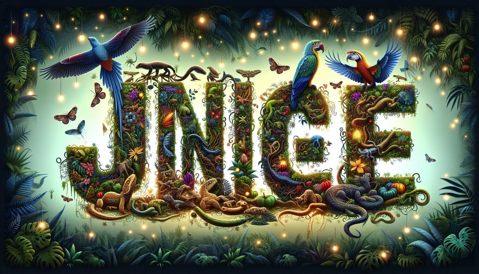 Vivid Jungle Word Art with Bioluminescent Flora