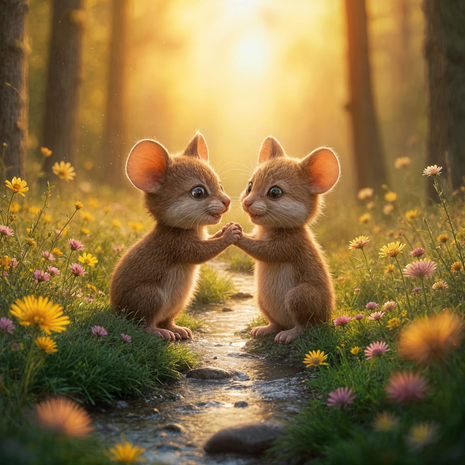 Whimsical Friends in Vibrant Sunset Meadow