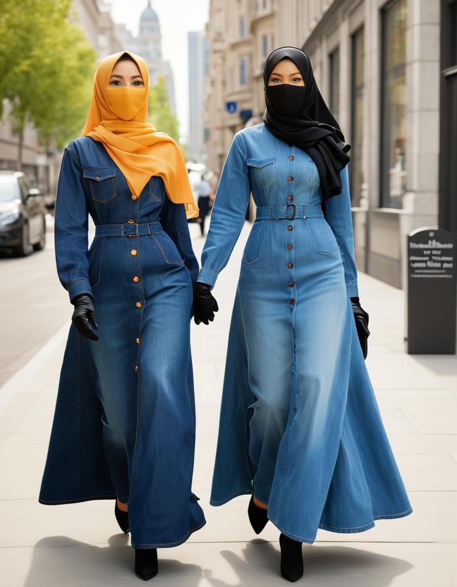 Two Modest Women Walking in a City, Watercolor Style