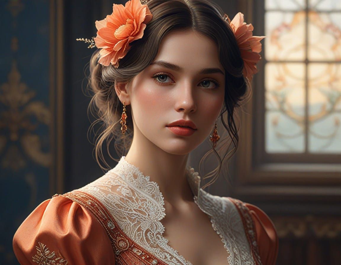 Stunning Oil Painting Portrait of a Young Woman in Luxurious...