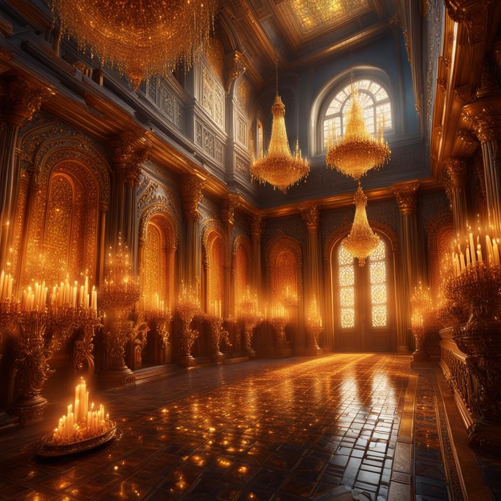 Palatial Amber Room Illuminated by Candles