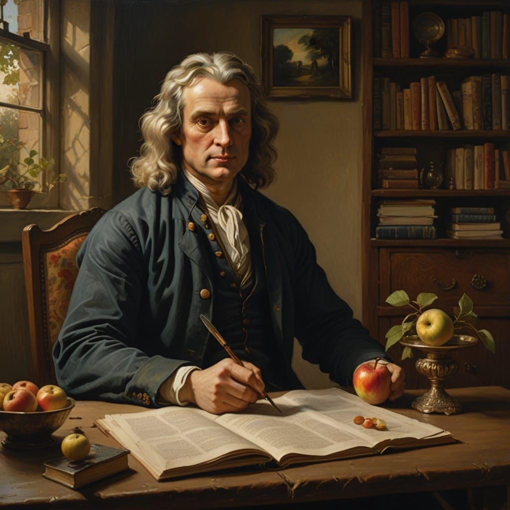 Sir Isaac Newton Under Apple Tree in Woolsthorp Manor Garden