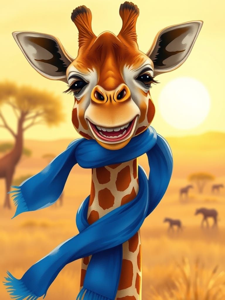 Joyful Giraffe Wearing a Vibrant Cobalt Scarf in Golden Hour...