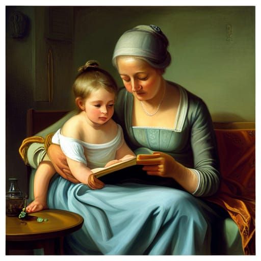 Grandmother Reading to Granddaughter, Art Nouveau Style