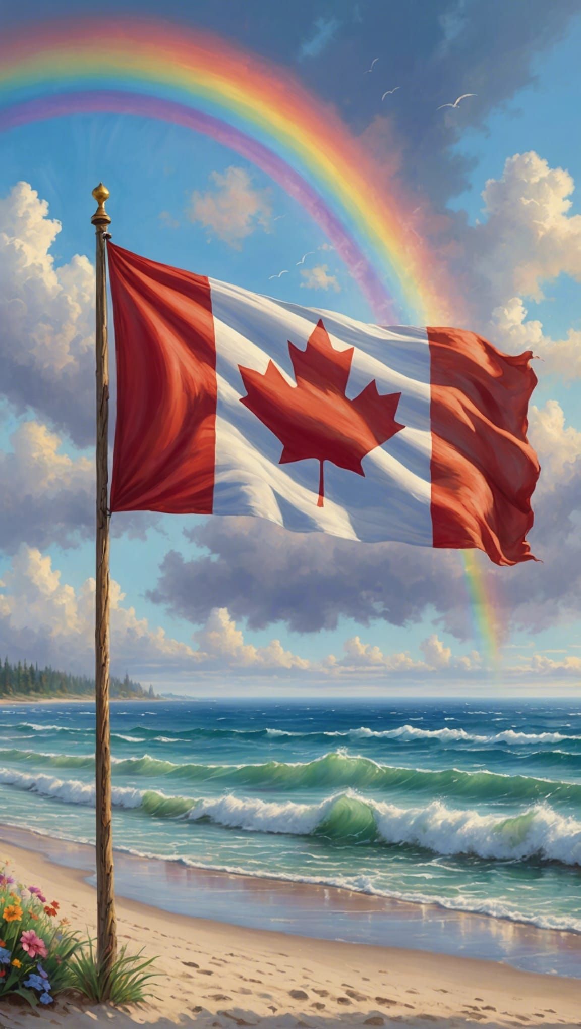 Canadian Flag on Beach with Rainbows: Ethereal Fantasy