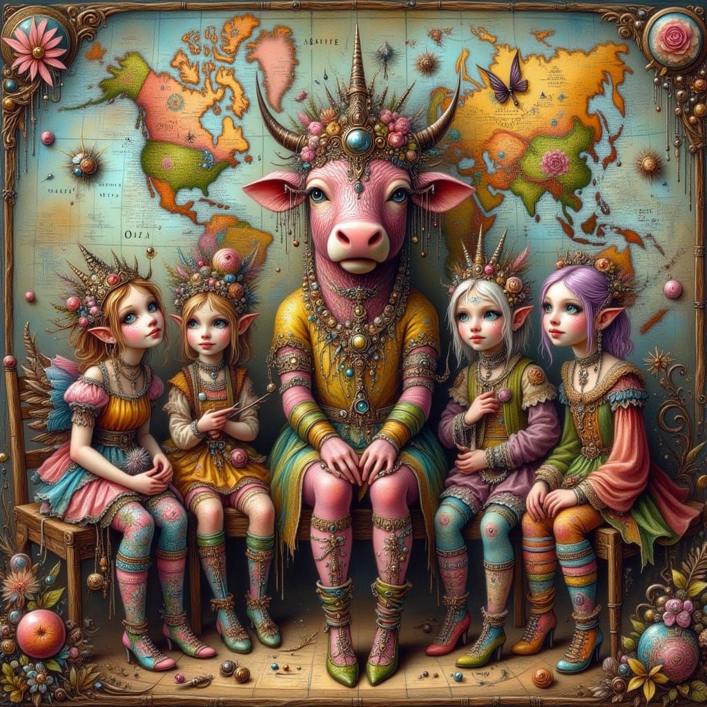 Medieval Figures with Octopus Feet Gather Around a Cow