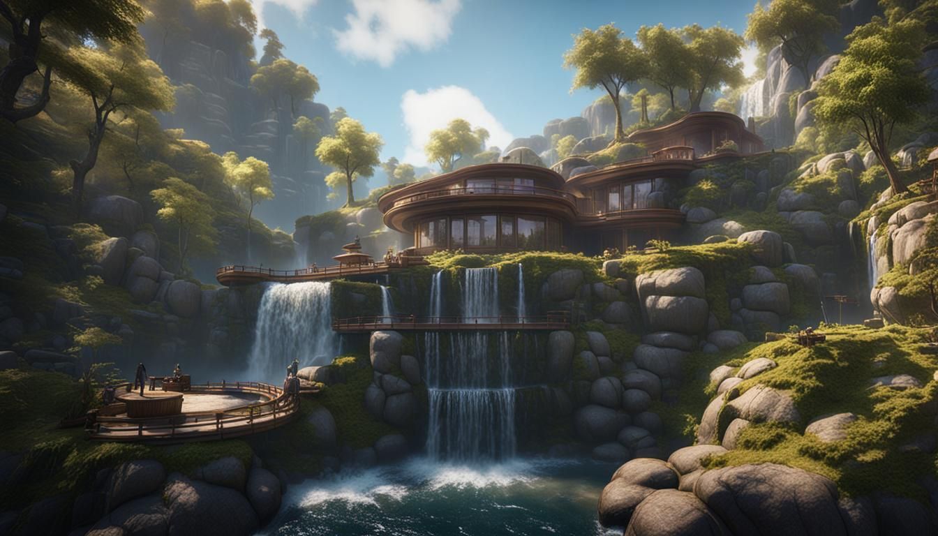 Villa Above Waterfall in Frank Lloyd Wright Style