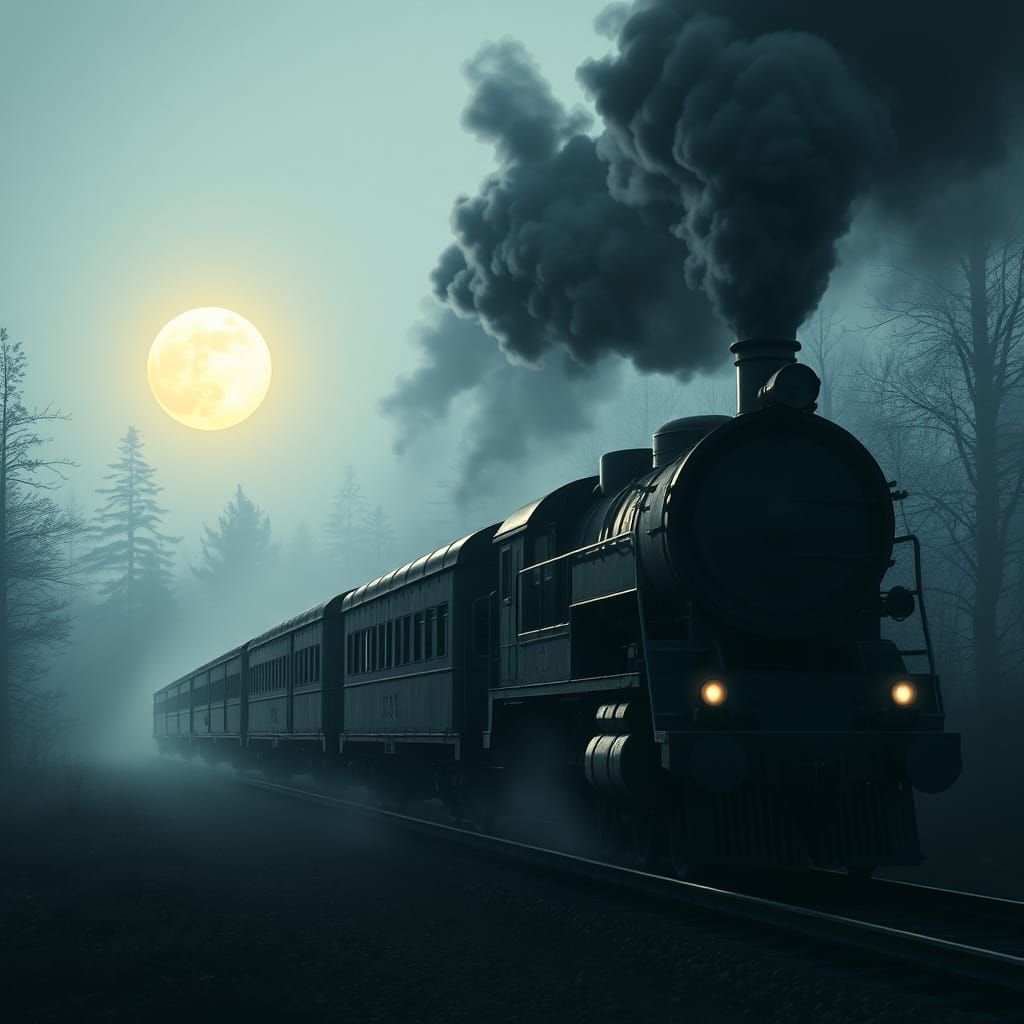 Industrial Futuristic Train Chugs Through Misty Night