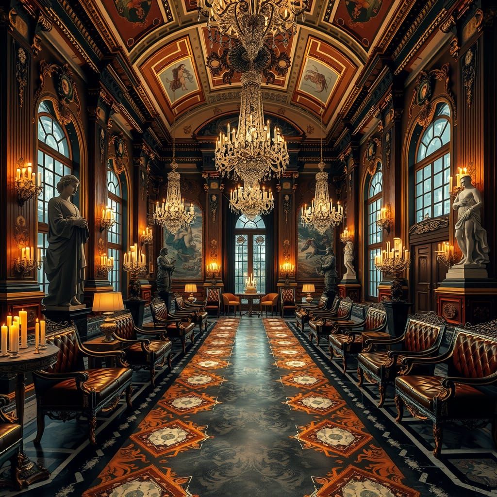 Opulent Palace Interior with Chandeliers and Marble Statues
