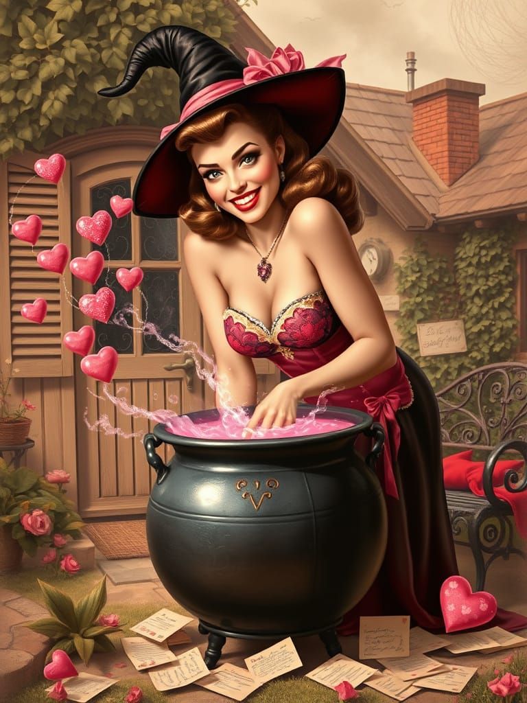Vintage Pin-up Witch in 1950s Glamour with Magical Touch