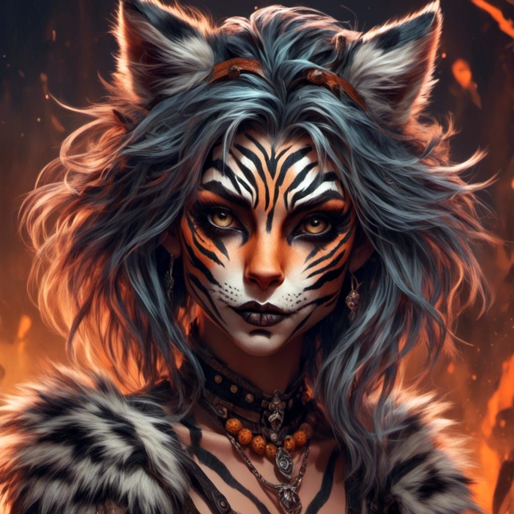 Tiger Striped Catgirl with Spiky Hair