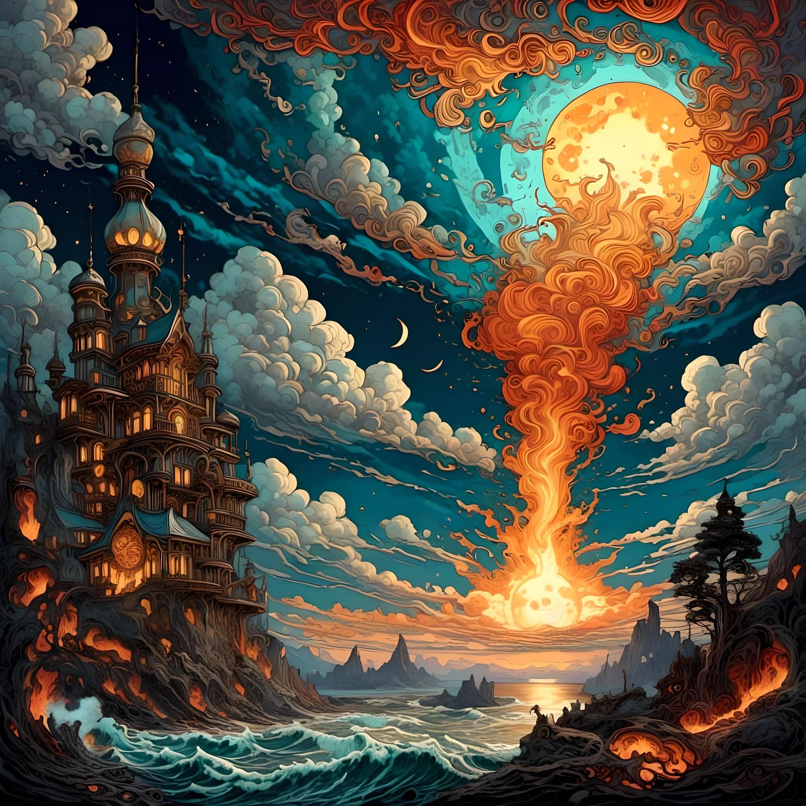 Erupting Volcano Art Nouveau Cloudscape Masterpiece