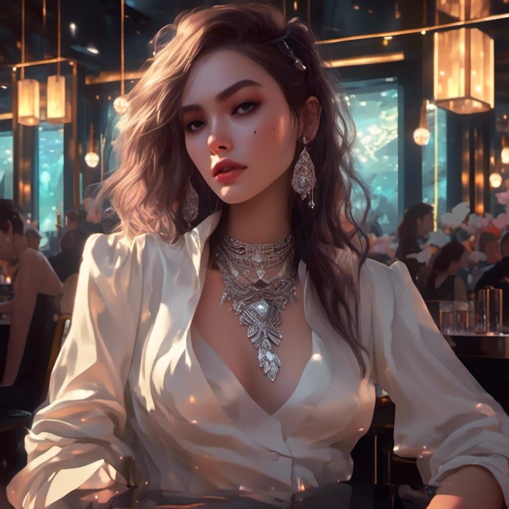 Elegant Businesswoman in Bar: Detailed Matte Painting
