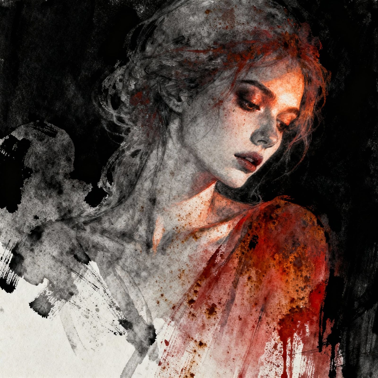 Edgy Charcoal and Ink Artwork with Grey and Red Tones