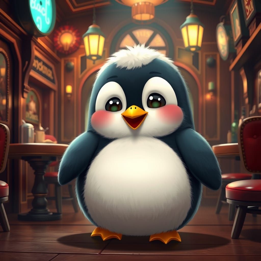 Kawaii Penguin Enters 1920s Speakeasy in 3D Anime Style