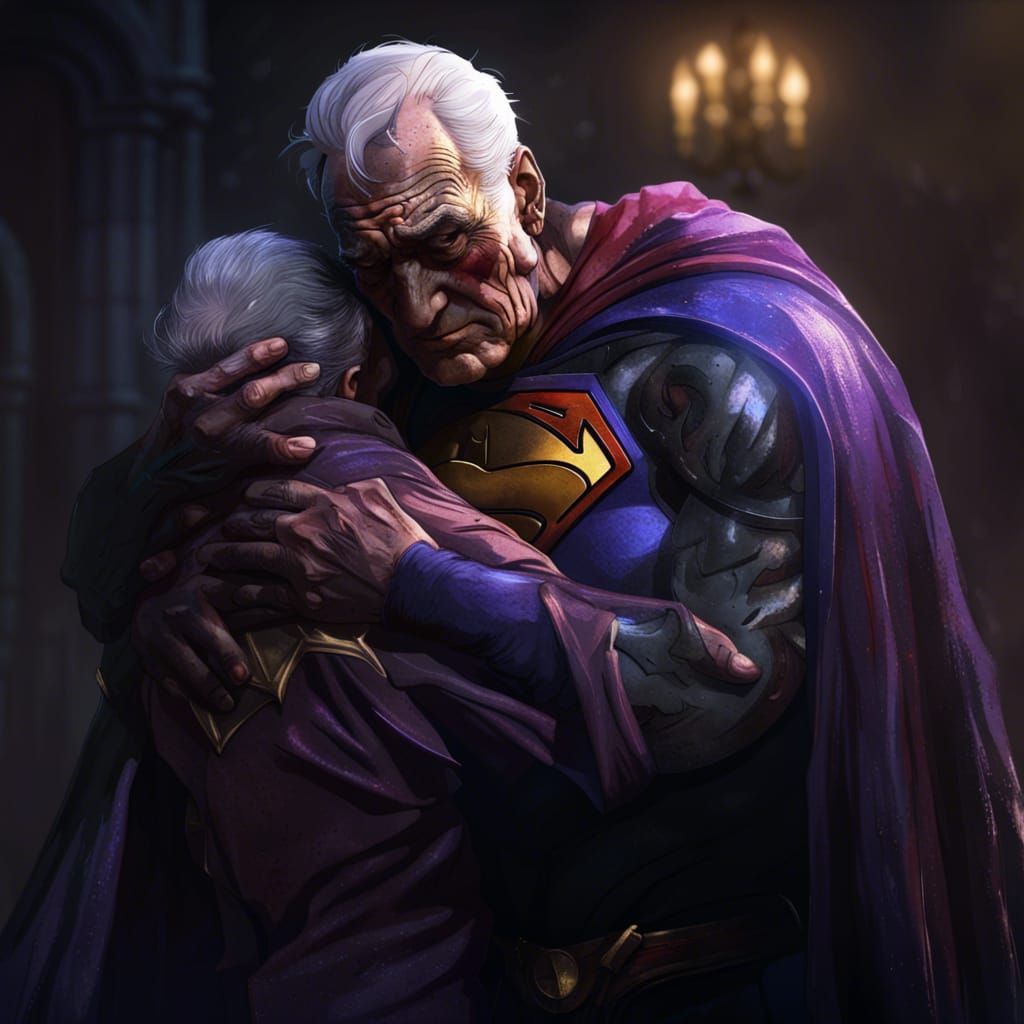 Elderly Superman Cries Holding Dead Batman